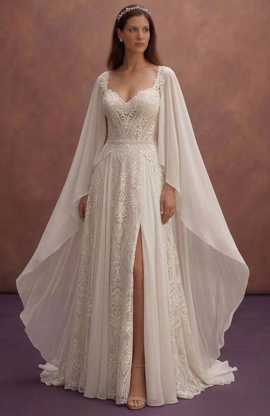 Ivory Boho Wedding Dress with Flowy Cape Sleeves