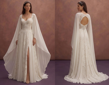 Ivory Boho Wedding Dress with Flowy Cape Sleeves