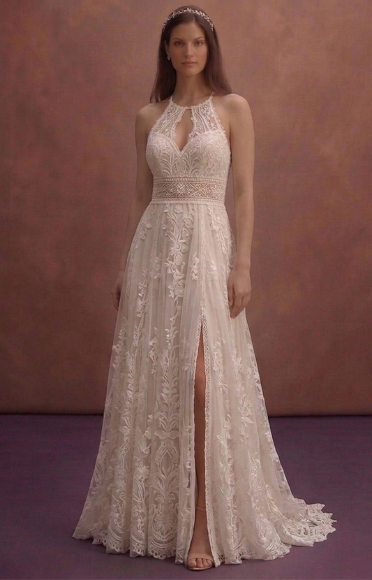 Ivory Boho Wedding Dress with High Waist Design
