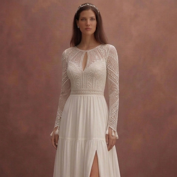 Ivory Boho Wedding Dress with High Waist Flow Design