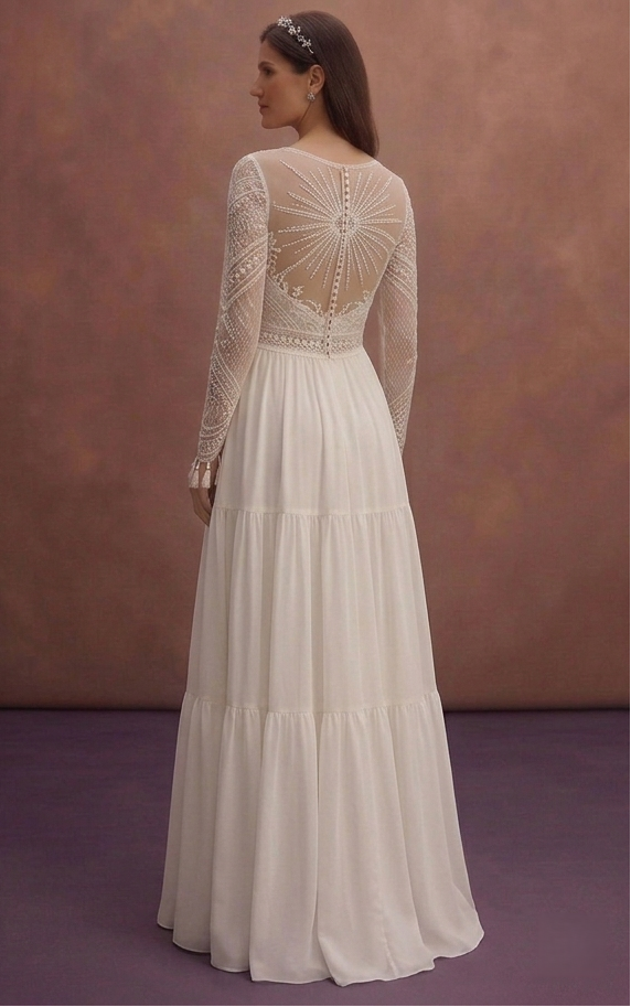Ivory Boho Wedding Dress with High Waist Flow Design