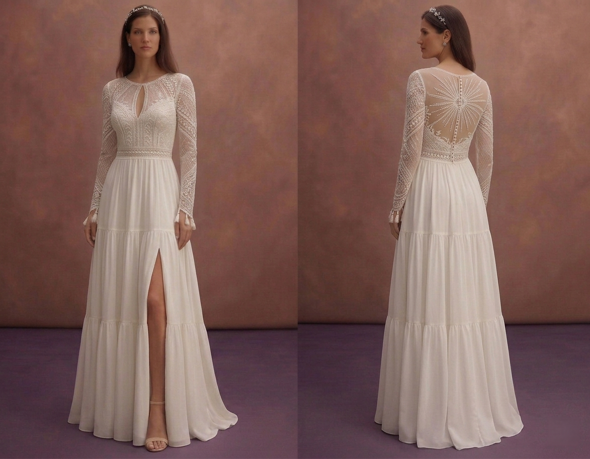 Ivory Boho Wedding Dress with High Waist Flow Design
