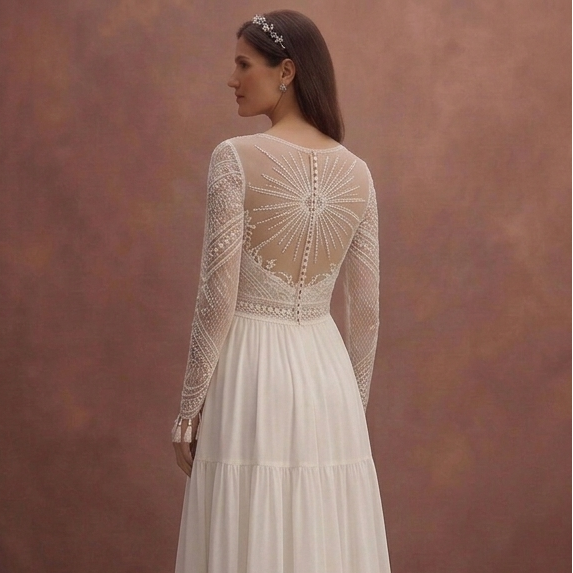 Ivory Boho Wedding Dress with High Waist Flow Design