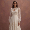 Ivory Boho Wedding Dress with High Waist Flowing Skirt