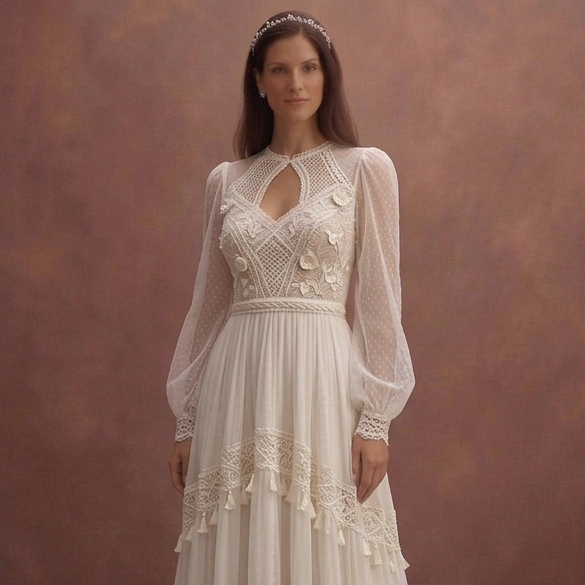 Ivory Boho Wedding Dress with High Waist Flowing Skirt