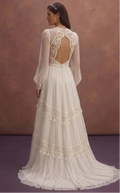 Ivory Boho Wedding Dress with High Waist Flowing Skirt