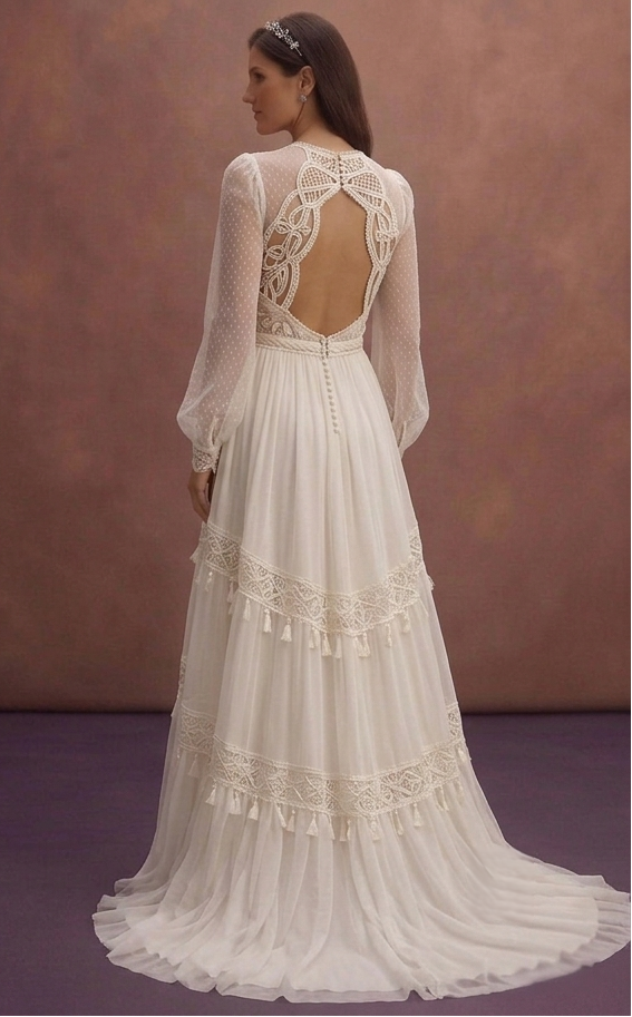 Ivory Boho Wedding Dress with High Waist Flowing Skirt