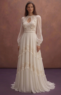 Ivory Boho Wedding Dress with High Waist Flowing Skirt