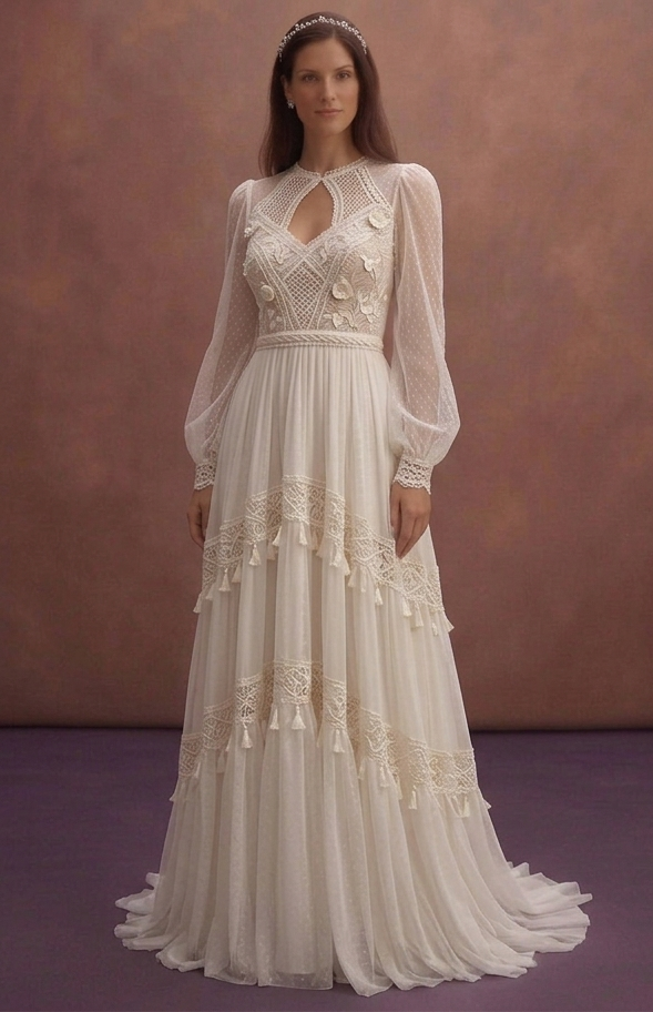 Ivory Boho Wedding Dress with High Waist Flowing Skirt