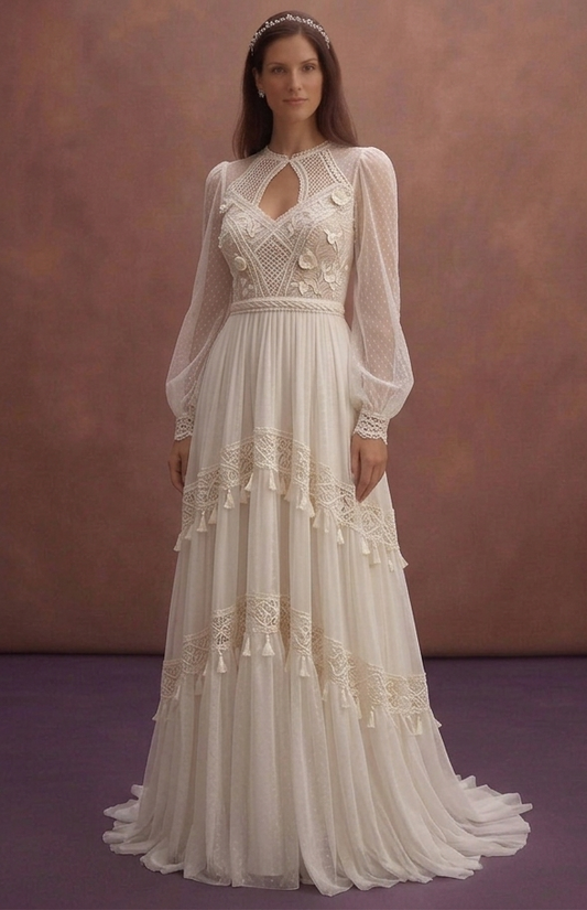 Ivory Boho Wedding Dress with High Waist Flowing Skirt