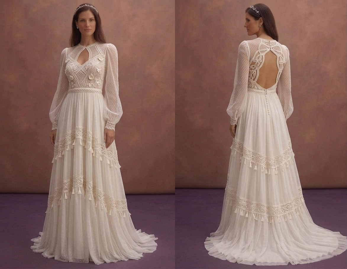 Ivory Boho Wedding Dress with High Waist Flowing Skirt