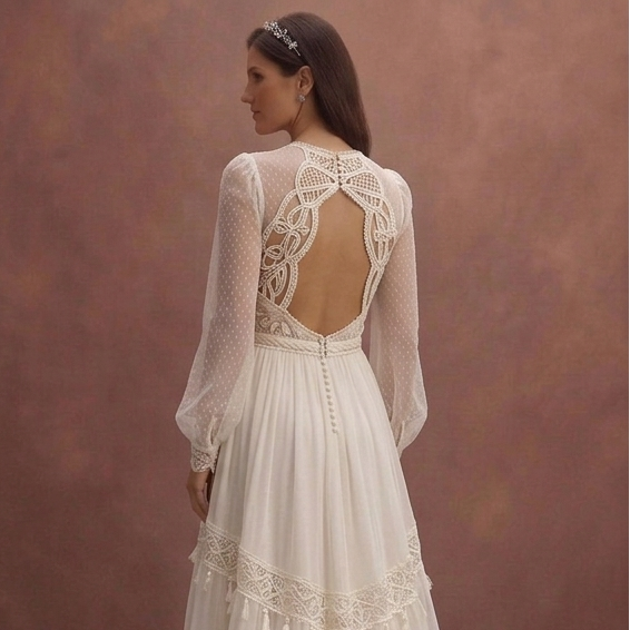 Ivory Boho Wedding Dress with High Waist Flowing Skirt
