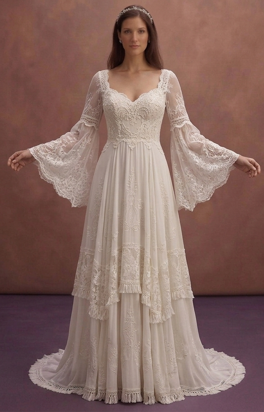 Ivory Boho Wedding Dress with Romantic Bell Sleeve Style