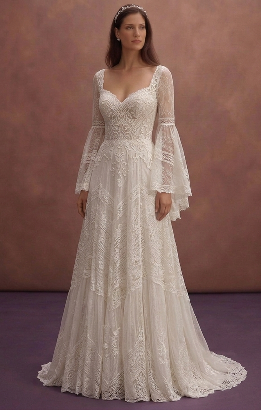 Ivory Boho Wedding Dress with Romantic Bell Sleeves