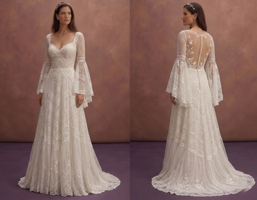 Ivory Boho Wedding Dress with Romantic Bell Sleeves