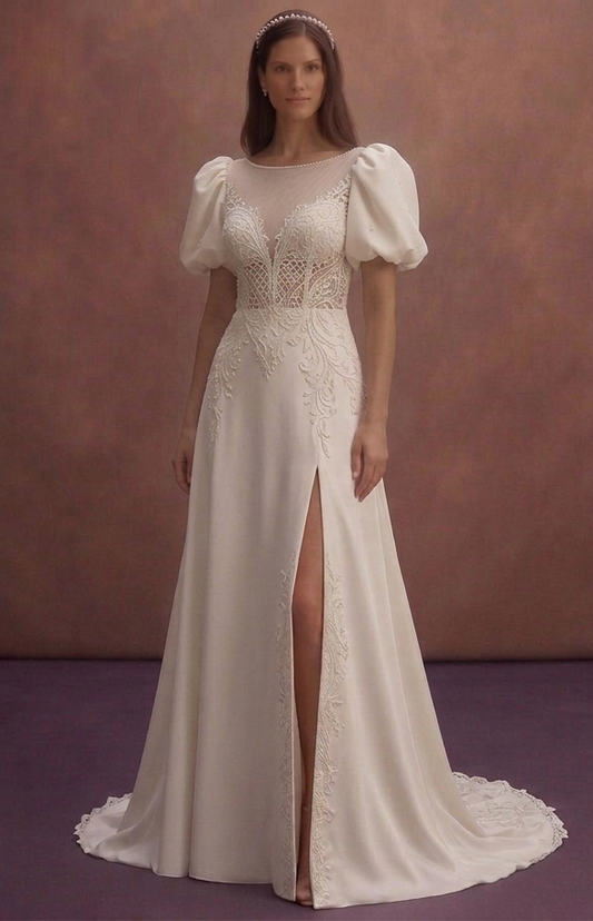 Ivory Bridal Dress with Long Train and Open Back