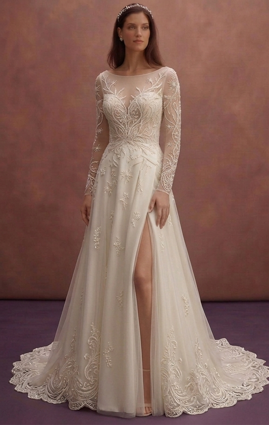 Ivory Bridal Dress with Long Train and Open Back Elegance