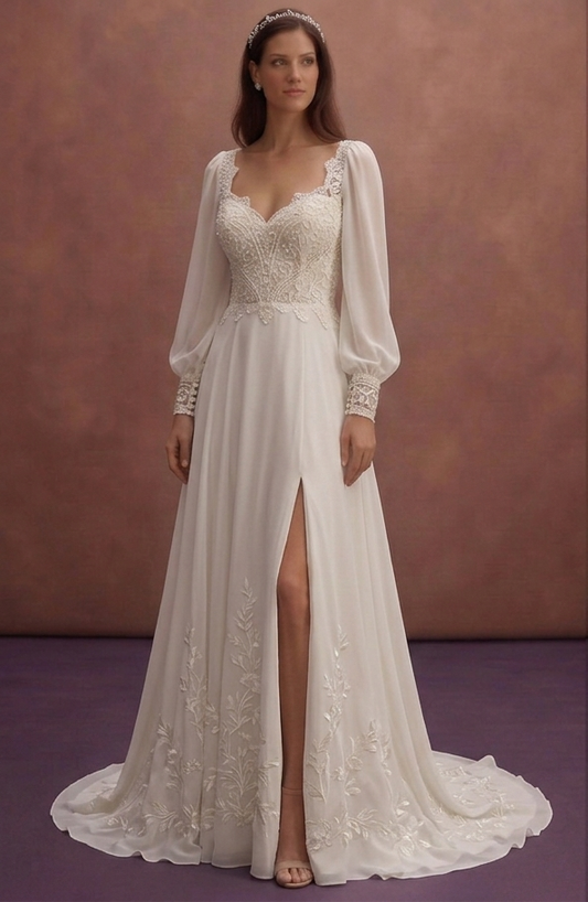 Ivory Chiffon Boho Wedding Dress with Bishop Sleeves