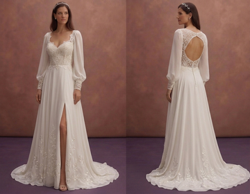 Ivory Chiffon Boho Wedding Dress with Bishop Sleeves