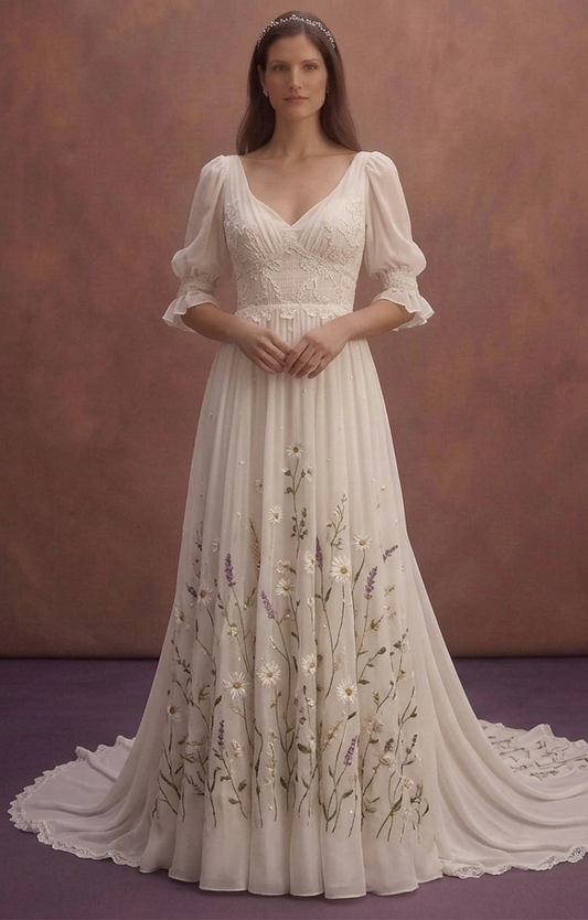 Ivory Chiffon Wedding Dress with Cottagecore Style