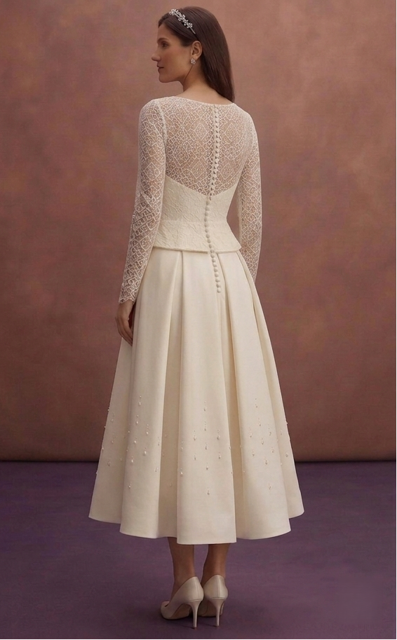 Ivory Court Wedding Dress with Minimal Tea Length Design