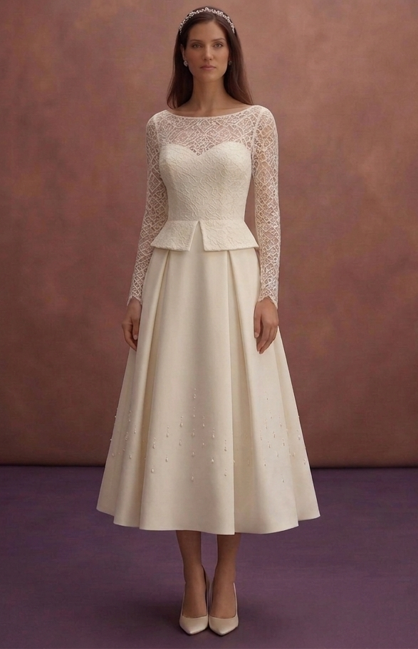 Ivory Court Wedding Dress with Minimal Tea Length Design