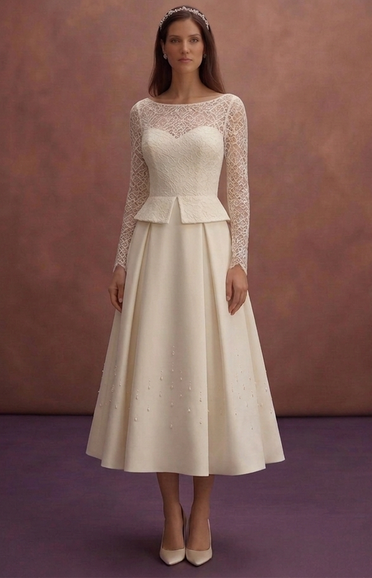 Ivory Court Wedding Dress with Minimal Tea Length Design