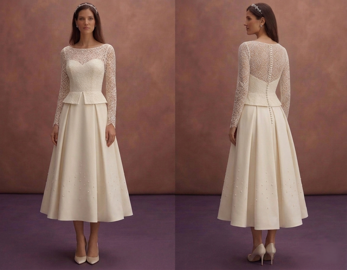 Ivory Court Wedding Dress with Minimal Tea Length Design