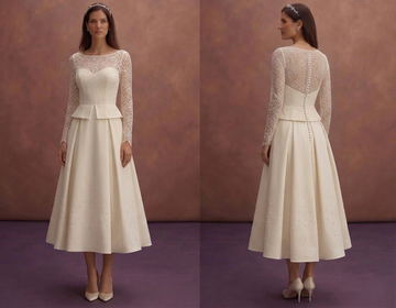 Ivory Court Wedding Dress with Minimal Tea Length Design