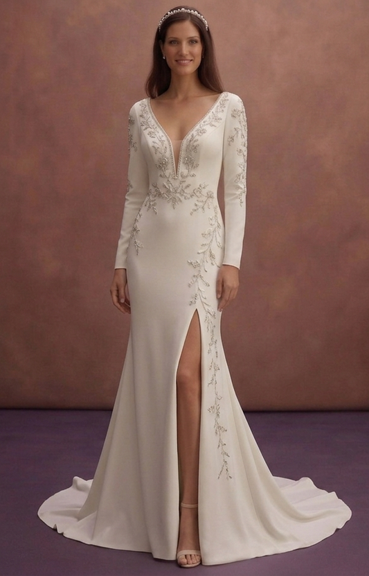 Ivory Crepe Mermaid Wedding Dress with Deep V Front