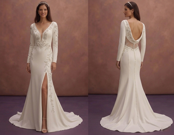 Ivory Crepe Mermaid Wedding Dress with Deep V Front