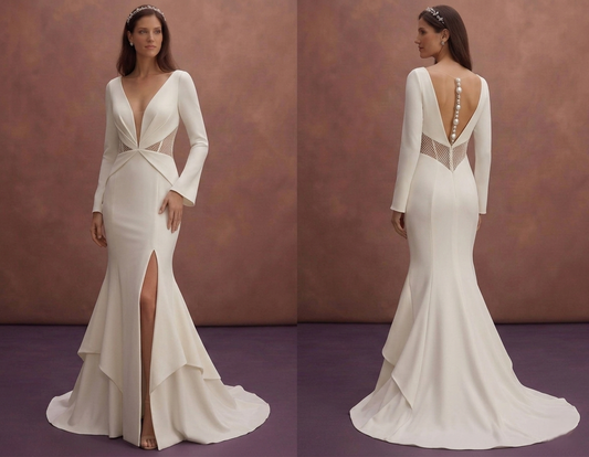 Ivory Crepe Mermaid Wedding Dress with Deep V Neckline