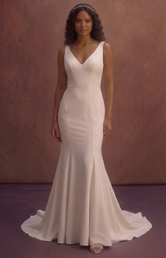 Ivory Crepe Mermaid Wedding Dress with V-Neckline