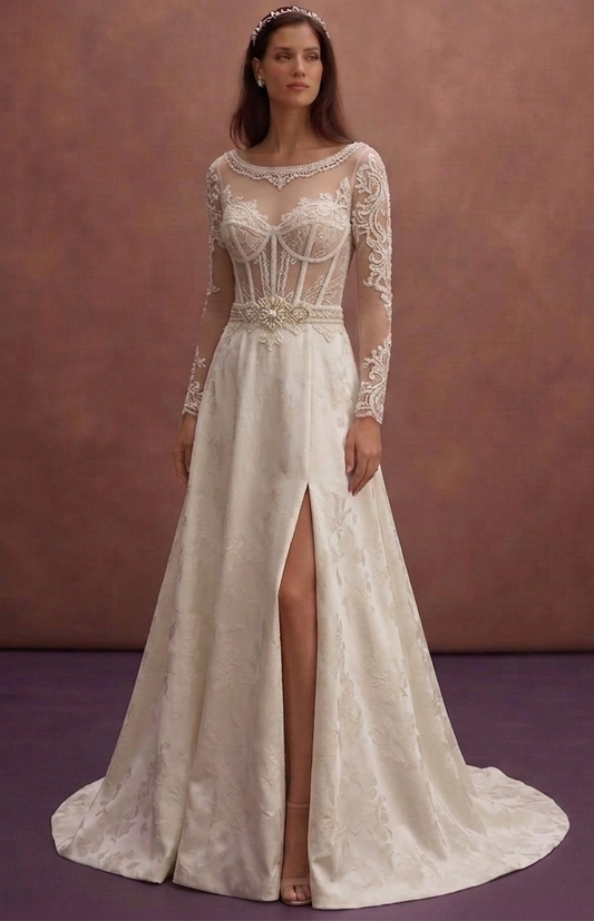 Ivory Elegant Wedding Dress with Sheer Corset Bodice