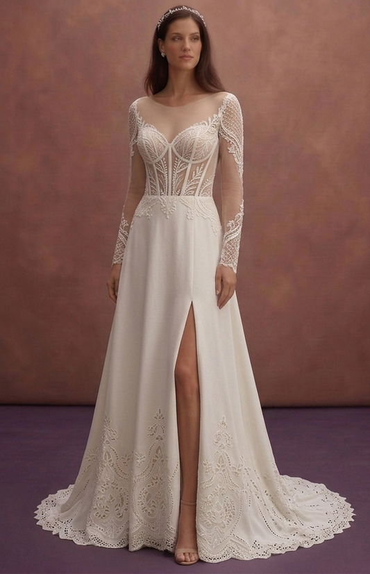 Ivory Elegant Wedding Dress with Sheer Corset Design