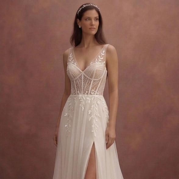 Ivory Elegant Wedding Dress with Sheer Corset Structure