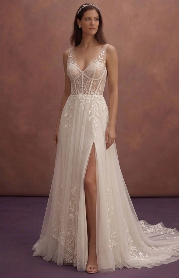 Ivory Elegant Wedding Dress with Sheer Corset Structure