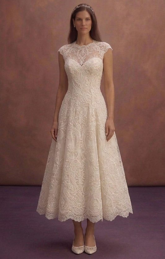 Ivory Lace Court Wedding Dress with Tea Length Skirt