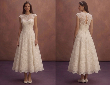 Ivory Lace Court Wedding Dress with Tea Length Skirt