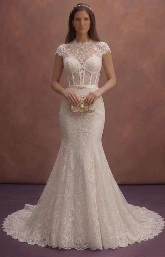 Ivory Lace Fit and Flare Bridal Dress with Long Train