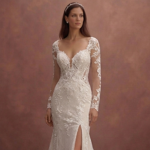 Ivory Lace Fit and Flare Wedding Dress with Cathedral Train