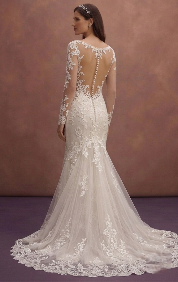 Ivory Lace Fit and Flare Wedding Dress with Cathedral Train