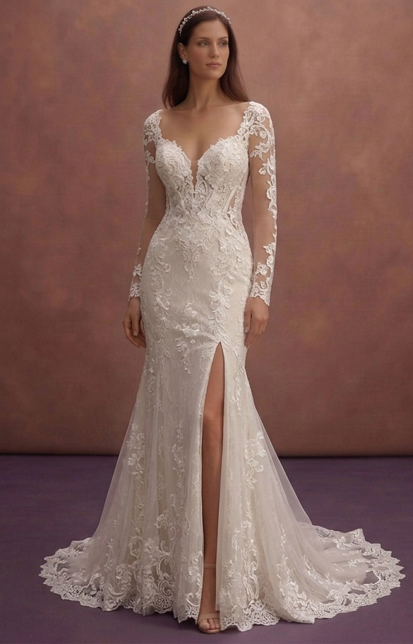 Ivory Lace Fit and Flare Wedding Dress with Cathedral Train
