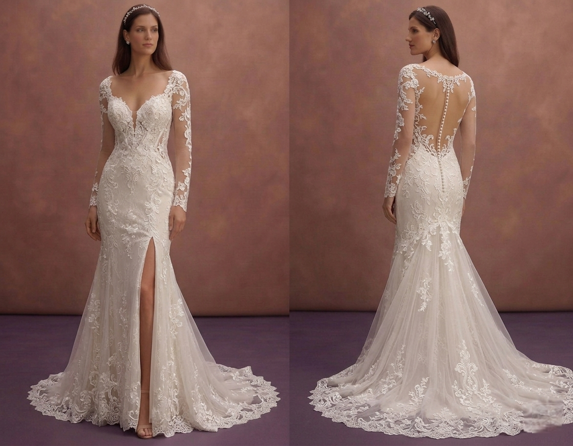 Ivory Lace Fit and Flare Wedding Dress with Cathedral Train