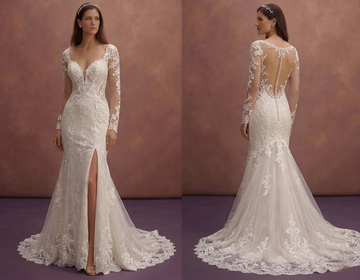 Ivory Lace Fit and Flare Wedding Dress with Cathedral Train