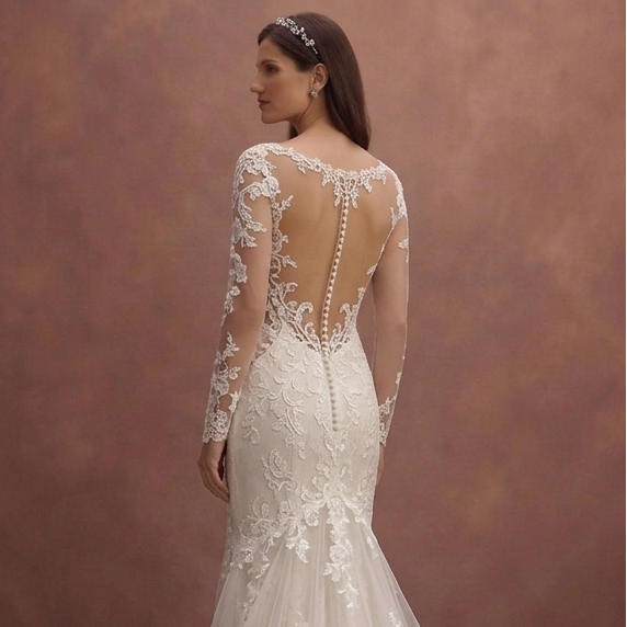 Ivory Lace Fit and Flare Wedding Dress with Cathedral Train