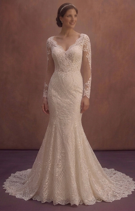 Ivory Lace Fit and Flare Wedding Dress with Train