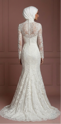 Ivory Lace Mermaid Hijab Wedding Dress – Elegant Modest Style Muslim