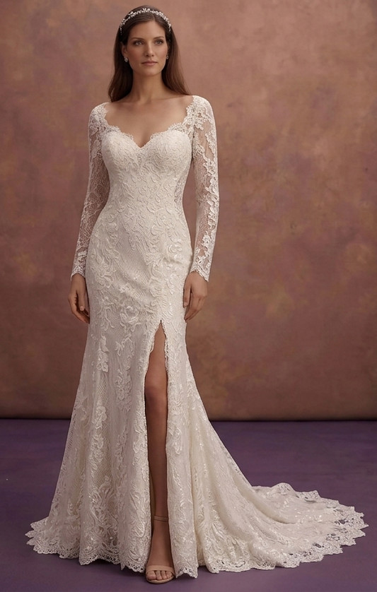 Ivory Lace Mermaid Wedding Dress with Buttoned Back