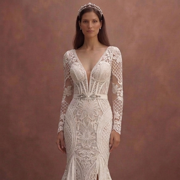 Ivory Lace Mermaid Wedding Dress with Sculpted Silhouette